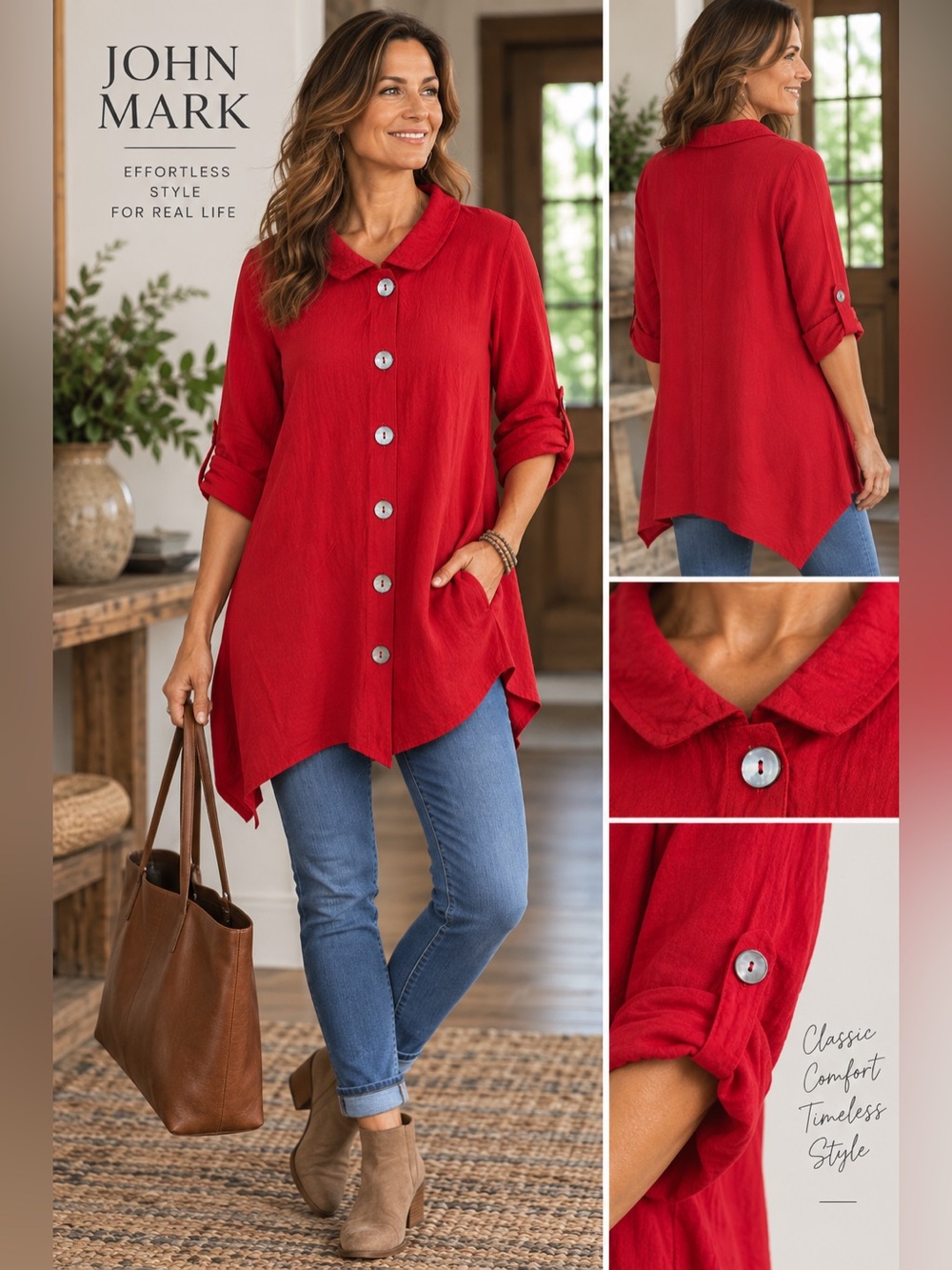 John Mark Red Asymmetrical Wired Collar Lagenlook Tunic Top Size XL